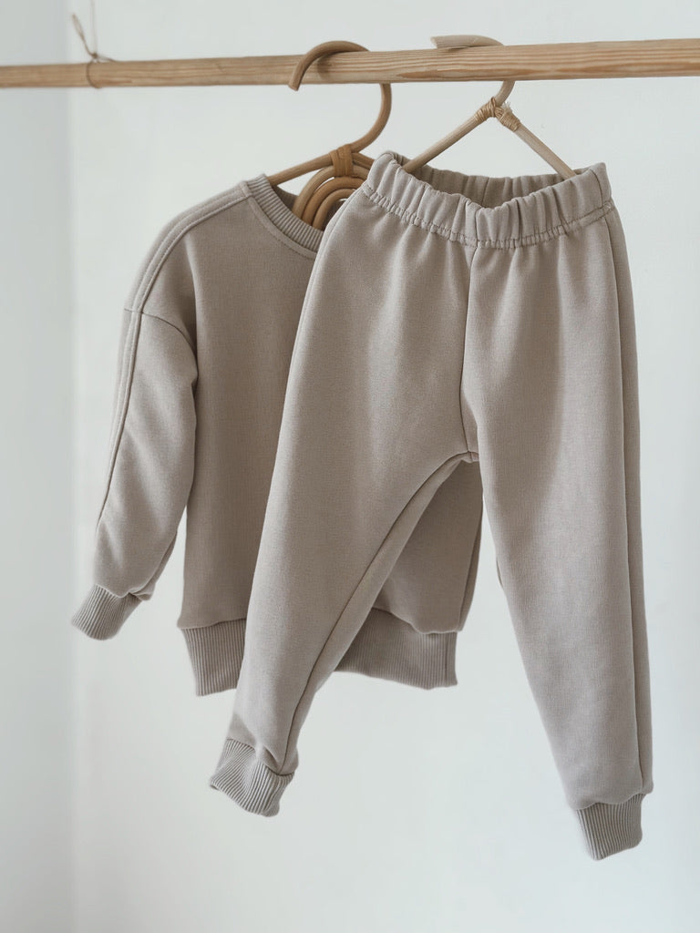 100% Cotton Bottom Top Tracksuit Set Sweatshirt & Jogger (Warm Beige)