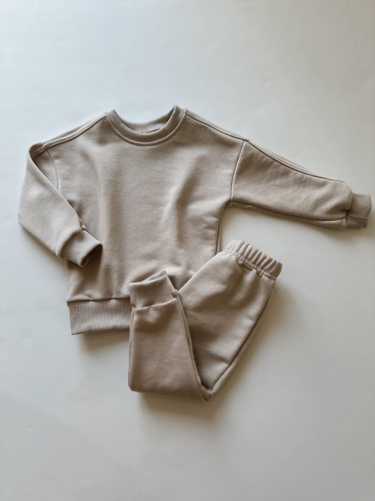 100% Cotton Bottom Top Tracksuit Set Sweatshirt &amp; Jogger (Warm Beige)